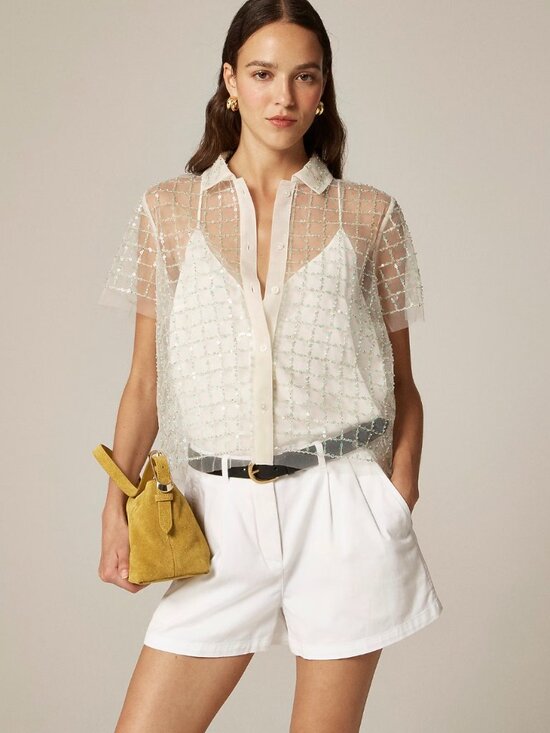 J. Crew Tops - J. Crew Embellished button-up short-sleeve shirt Size 14 Sequin Cream